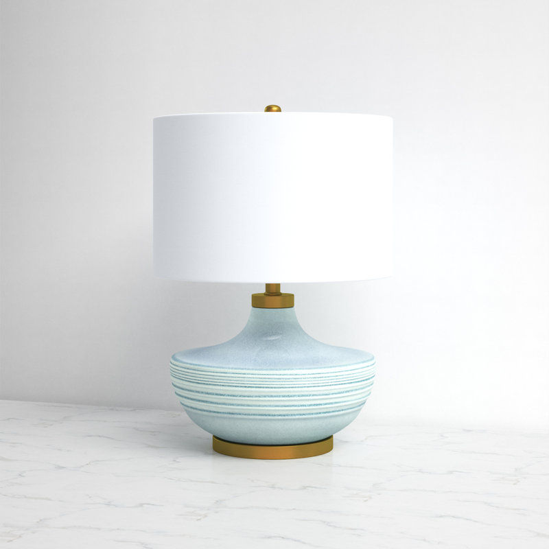 Ceramic Table Lamp with Linen Shade Aqua, Aqua, White