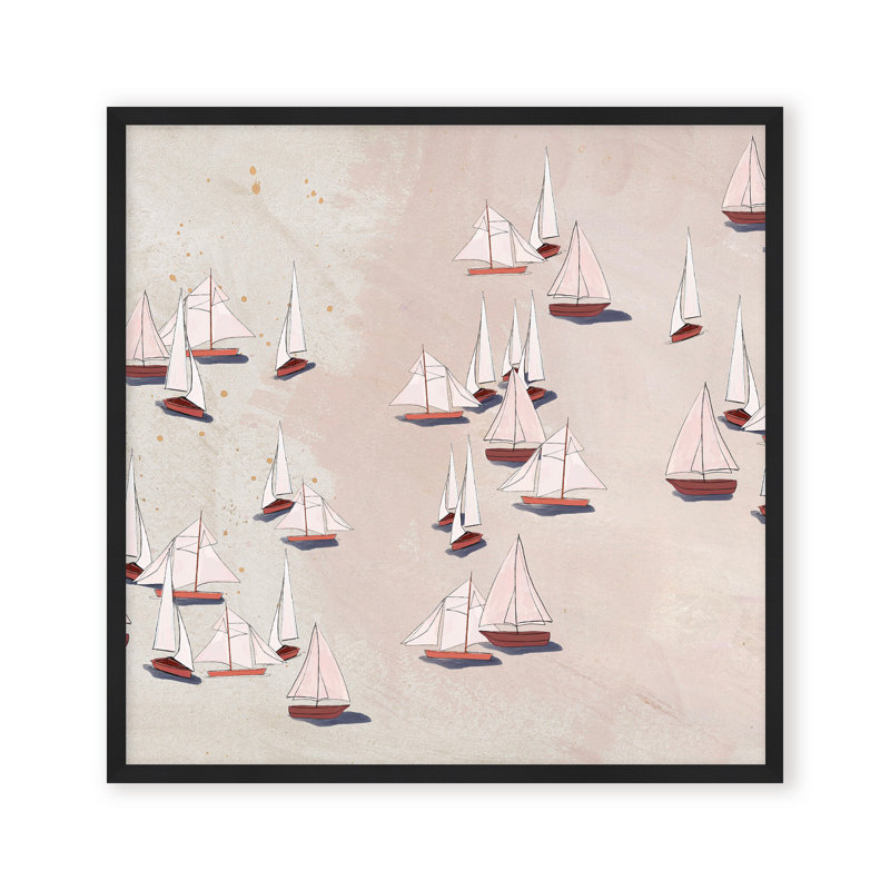 Coastal Retreat Modern Ensemble: Sailboat Odyssey, Beige, Framed Matted Print, 16" H x 16" W