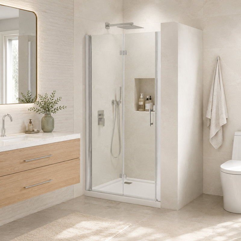 36''–38'' W x 72'' H Semi-Frameless Bifold Shower Door, 1/4'' Clear Tempered Glass with Protective Safety Film, Reversible Folding Shower Door with Adjustable Width, Chrome Finish