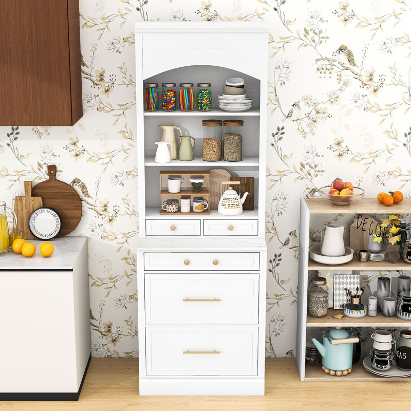 Garde-manger haut avec plateau en faux marbre, tablettes réglables et tiroirs spacieux, Blanc, Doré