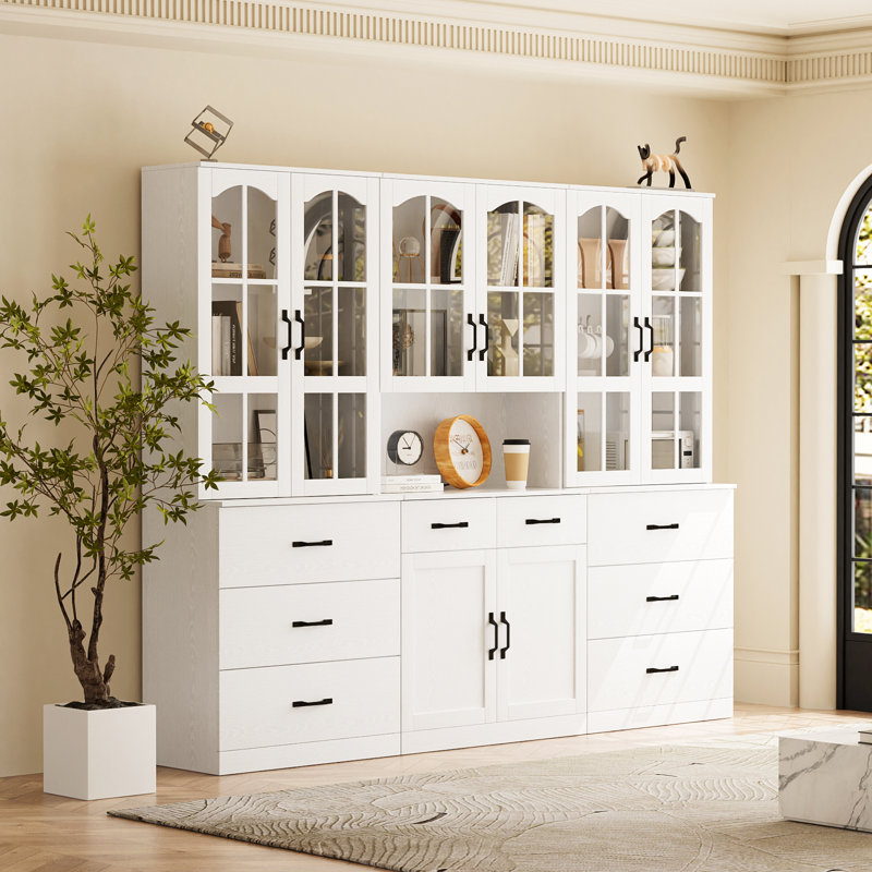 78.7" Modern Farmhouse China Cabinet & Buffet Hutch, Extra Large White Display Bookcase With Storage Drawers For Kitchen, Dining & Home Office