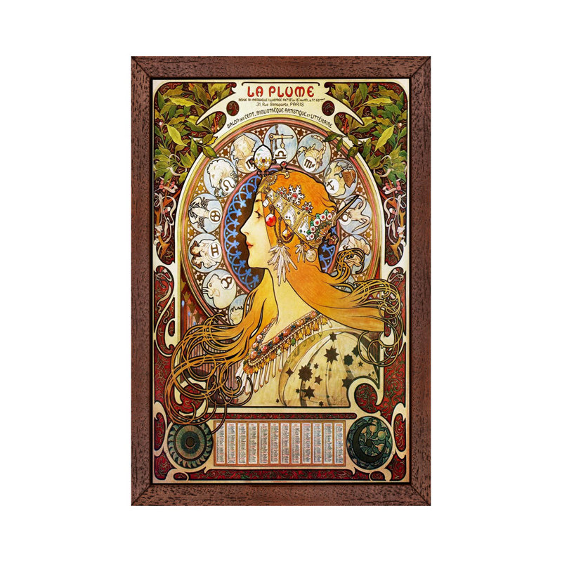 Zodiac (1896) by Alphonse Mucha - Floater Frame Painting on Canvas, Brown Framed, 66.04 cm H x 45.72 cm W
