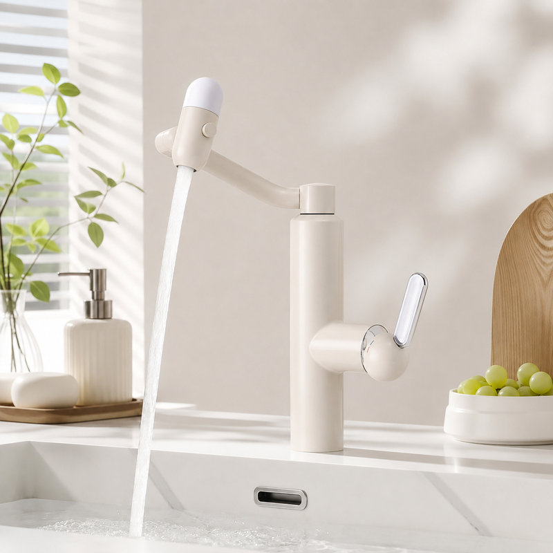 Robinet de lavabo de salle de bain à poignée simple pour ensemble de meuble-lavabo, bonde à poussoir, Blanc mat