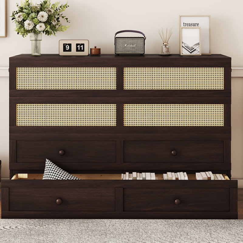 Grand lit escamotable, armoire en bois de pin avec décoration en rotin et tiroir de rangement, Espresso