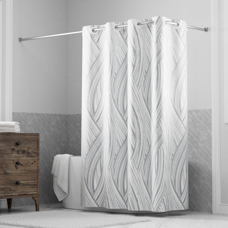 Silver Faux Silk Hookless Shower Curtain with Liner