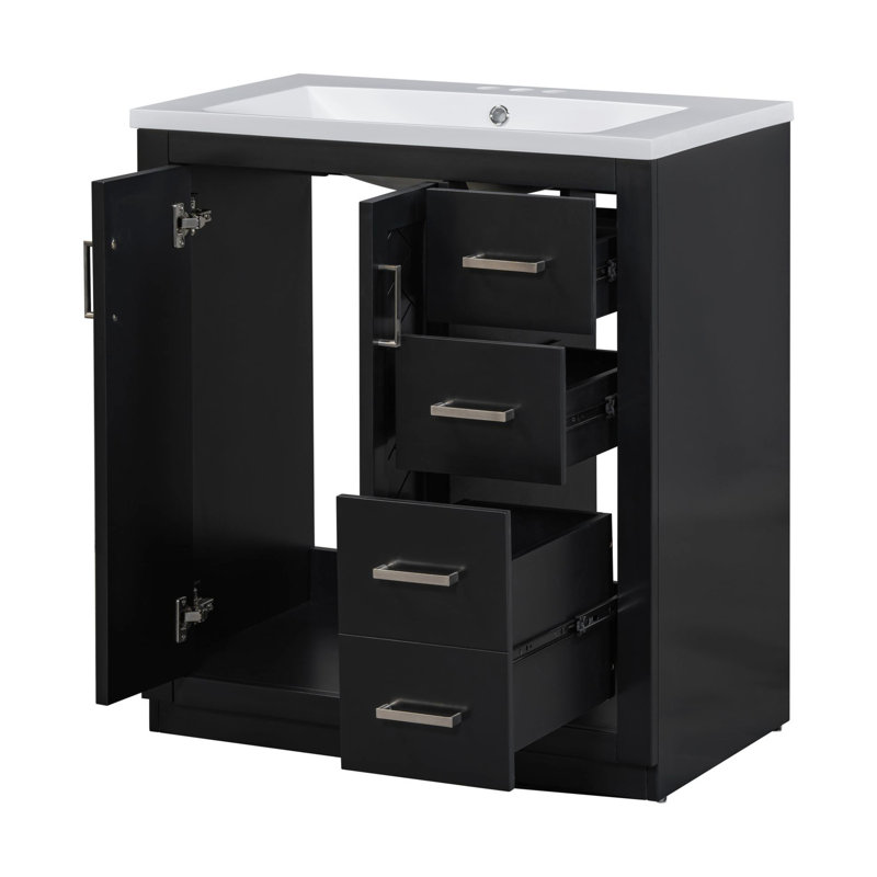 Meuble-lavabo de salle de bain 30 po avec lavabo en résine - combinaison de 3 tiroirs en bois massif de style rétro noir