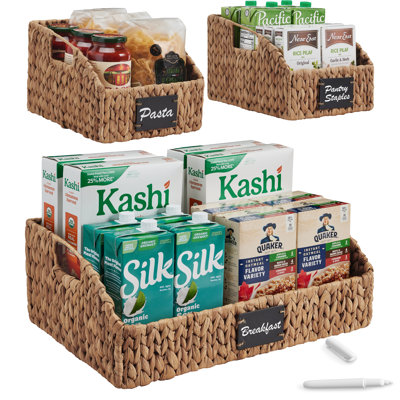  Hyacinth Angled Pantry Storage Baskets W/ Handles, Chalkboard & Marker (Set Of 3) - Chestnut