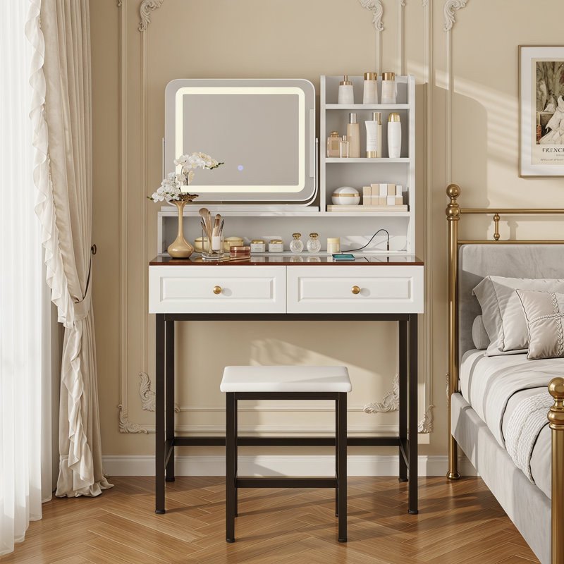 Coiffeuse 32,20 avec miroir lumineux à DEL et prise de courant, coiffeuse avec 2 tiroirs et 3 tablettes à niveaux, plateau en verre ambré avec tabouret pour la chambre à coucher, blanc