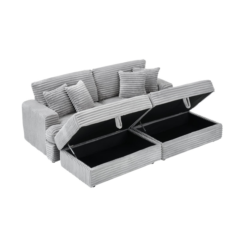 Canapé 88,58 pouces en velours côtelé gris avec deux pieds de rangement et quatre coussins, doux et élégant pour le salon et le bureau