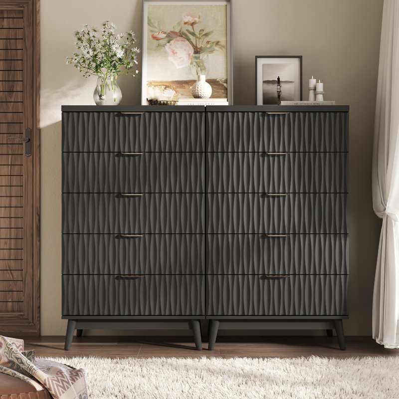 Commode à 5 tiroirs de 27,5 po Adkins pour chambre à coucher, commode haute en bois cannelée de H 47,2 po (ensemble de 2)