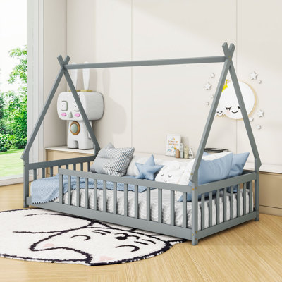 Twin Wooden Floor Bed With Teepee Design And Slats