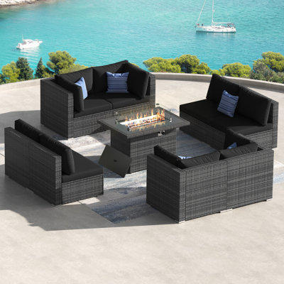 Ensemble de conversation pour patio pour 8 personnes avec table de foyer et coussins, ensemble de conversation modulaire à assise profonde