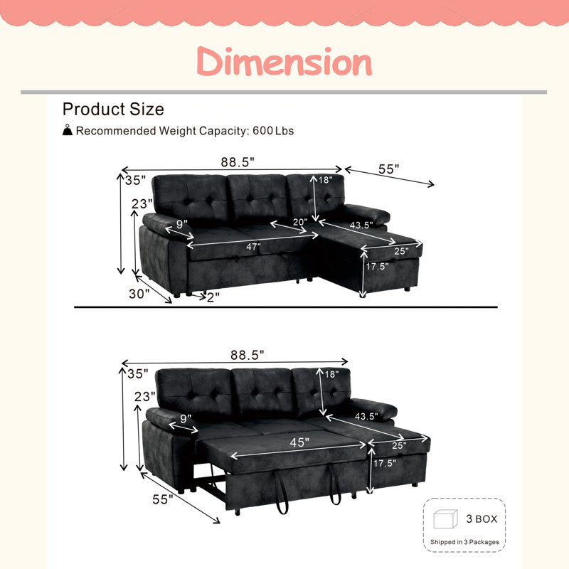 Canapé-lit modulaire convertible en L 88,5 po avec méridienne coulissante avec rangement et accoudoirs rembourrés, Tissu noir