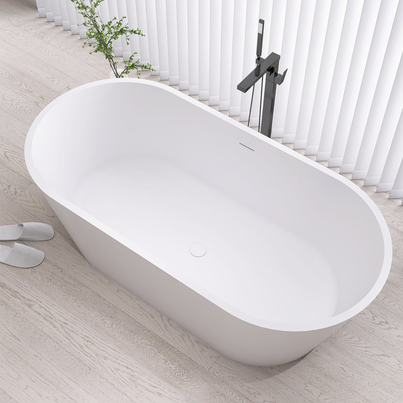 67" W Freestanding Stone Resin Soaking Bathtub with Drain Pipe