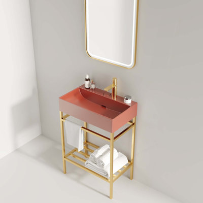 Meuble-lavabo pour salle de bain avec lavabo en céramique, ensemble de lavabo console autoportant, lavabo en céramique rectangulaire sans robinet, pieds en métal ouverts, tablettes de rangement
