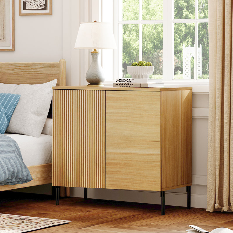 Union Rustic Modern Minimalist Wood Nightstand With Doors ,31.5" Large End Table,Reeded Design Bedside Table For Bedroom, Living Room,Entryway