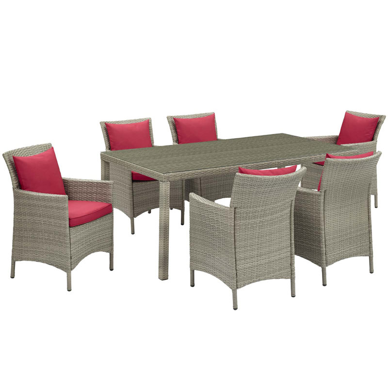 Ensemble repas d'extérieur en rotin 7 pièces Conduit, Rouge, gris
