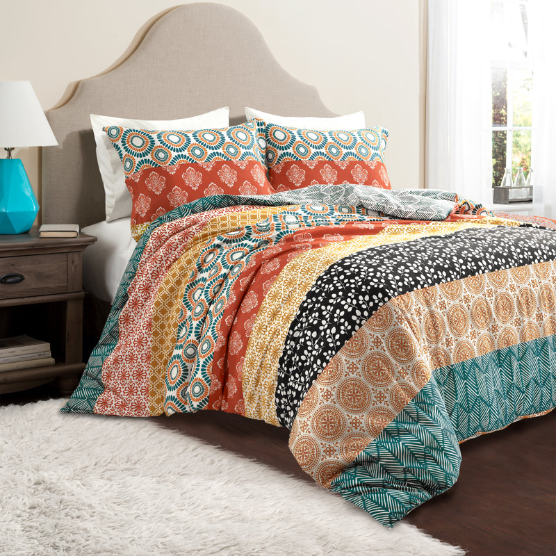 Turquoise/Orange/Yellow Reversible 3 Piece Duvet Cover Set, King Duvet Cover + 2 King Shams 