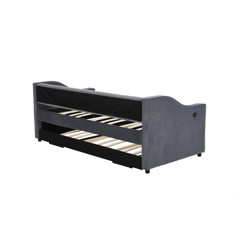 Twin Size Upholstered Daybed With Trundle,USB Port ,Side Pockets,Velvet Daybed With Button On Back, Gray