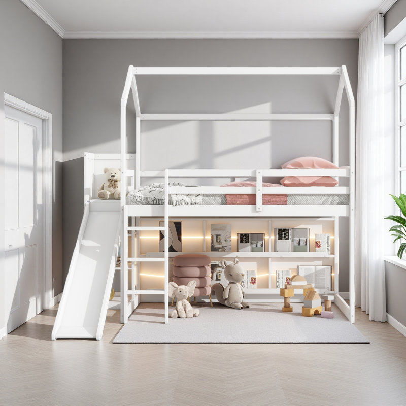 Lit mezzanine simple en bois avec glissoire, tablettes de rangement et lumière, Blanc