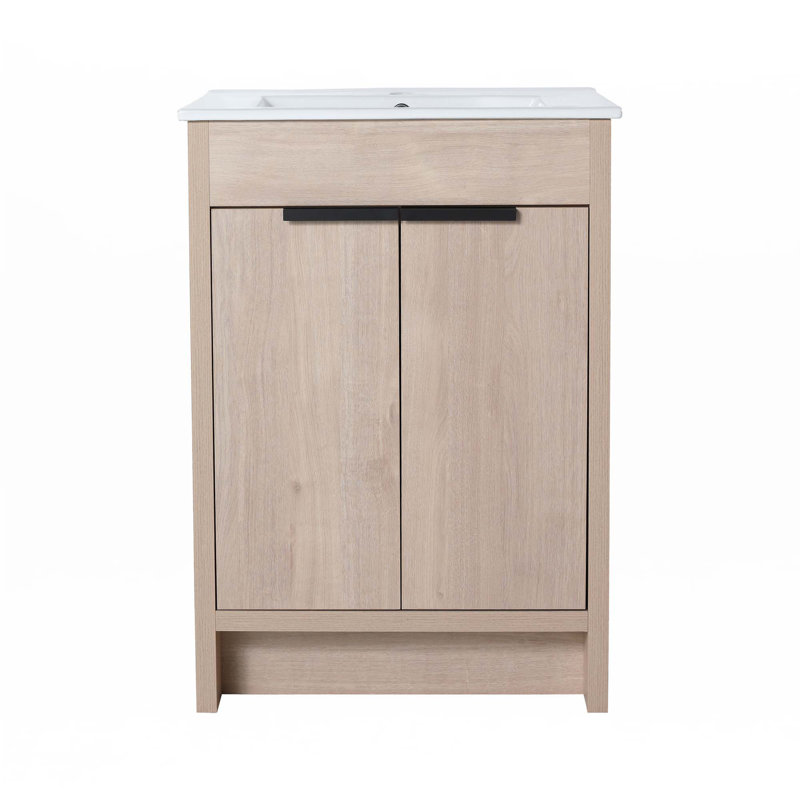 Meuble-lavabo autoportant avec lavabo en céramique, Chêne clair uni, Blanc