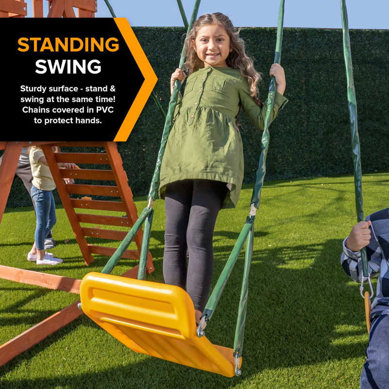 Olympia Natural Wood Swing Set with Green Slide and Fort