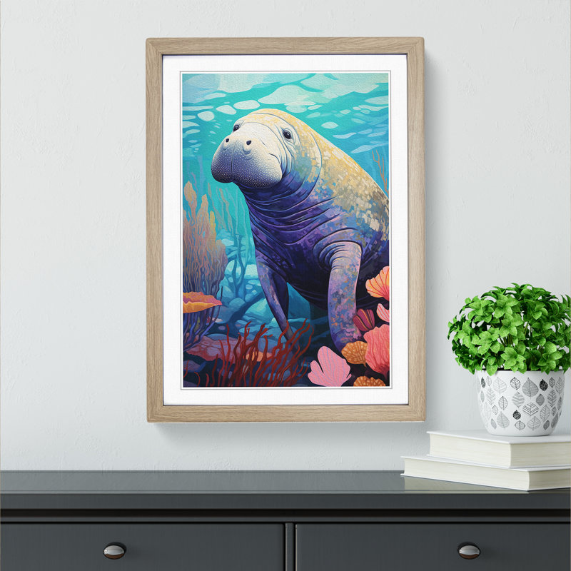 Manatee Op - Single Picture Frame Print on Wood, 46cm H x 34cm W x 2cm D, Oak Framed
