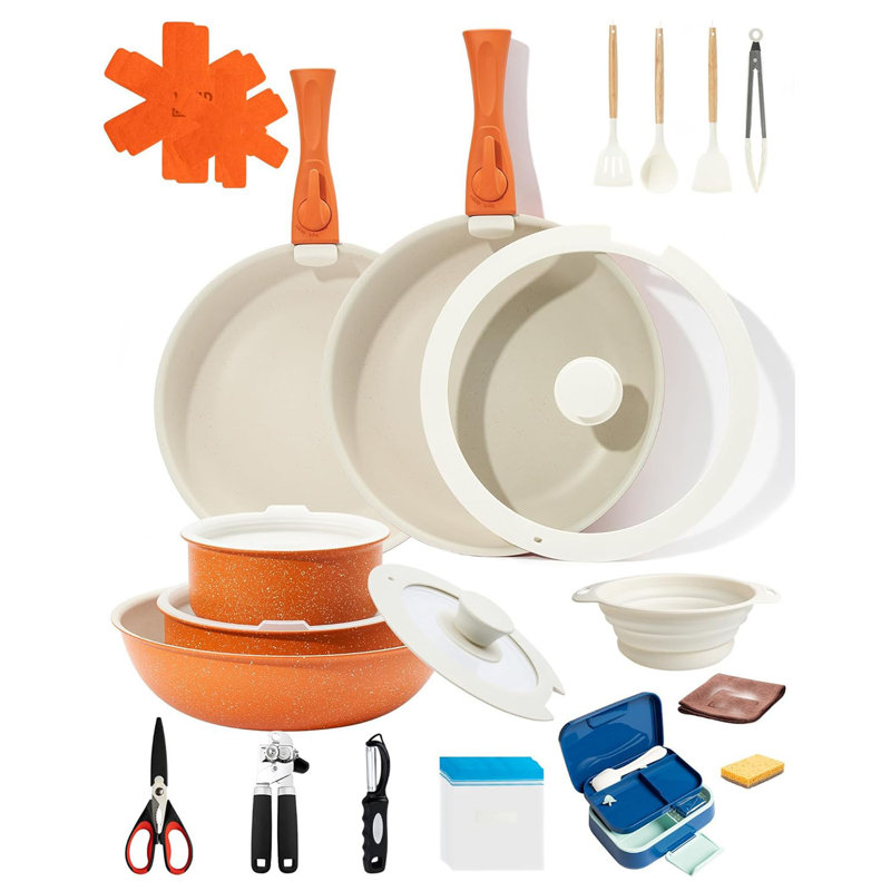 27Pcs Pots And Pans Set Non Stick, Ceramic Cookware Set With Detachable Handle, Comes With Collapsible Dish Basin, Blue Lunch Box, Manual Bottle Opener And Etc, Oven Safe