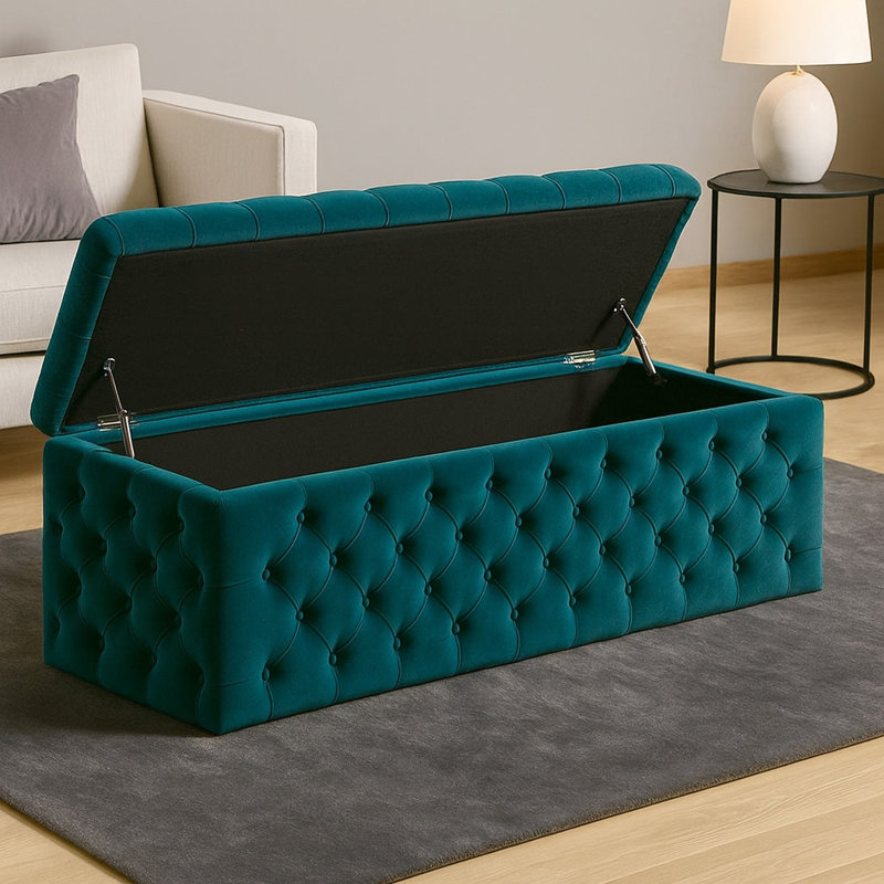 Lux Wide Velvet Chesterfield Rectangle Solid Color Standard Ottoman Box with Storage, 90cm W x 42cm D x 40cm H, Emerald Green