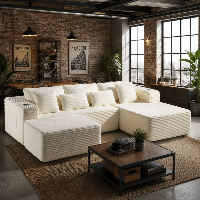 108" Right Hand Facing Corner Sectional With Chaise And Ottoman Corduroy Upholstered Compression L-Shaped Sofa