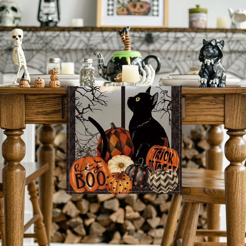 Chemin de table Black Cat Pumpkins Boo, décoration de table de salle à manger de Noël Décoration de table de salle à manger pour chat noir