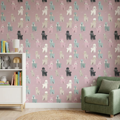 Papier peint fantaisiste rose Poodles