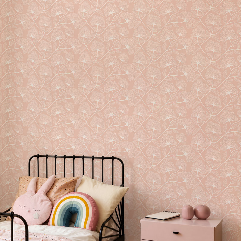 Dash Trail - Oatmilk 10m Wallpaper, Pink Floral