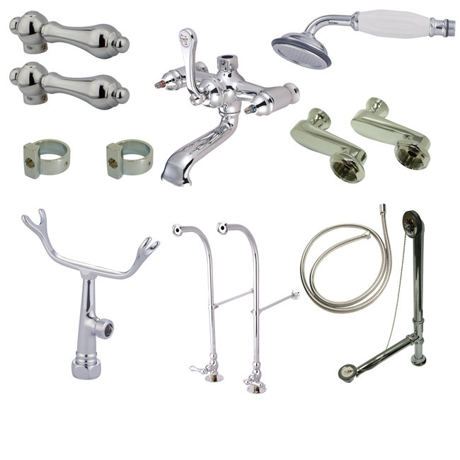Kingston Brass Vintage Two-Handle 2-Hole Freestanding Clawfoot Tub Faucet Package with Supply Line, Hand Shower and Tub Drain