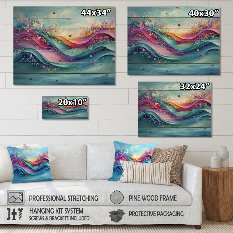 Encre rose et bleue Oceanic Waves II - impression de bois côtier - sur bois de pin naturel, H 24 po x l 32 po x P 0,78 po