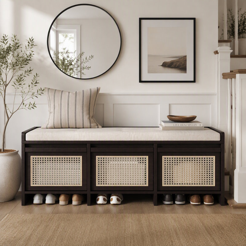 Banc de rangement rétro de 122 cm avec tiroirs en rotin et coussin capitonné, Espresso / patchwork, Espresso