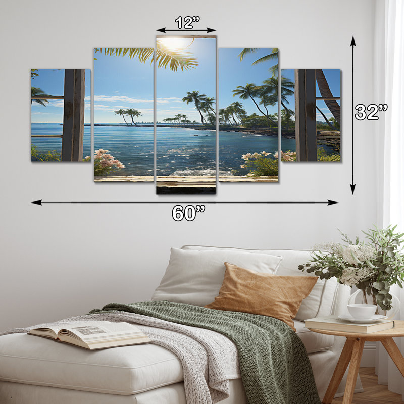 Océan tropical coucher de soleil à travers une fenêtre blanche ouverte II - art mural toile côtière - 5 panneaux