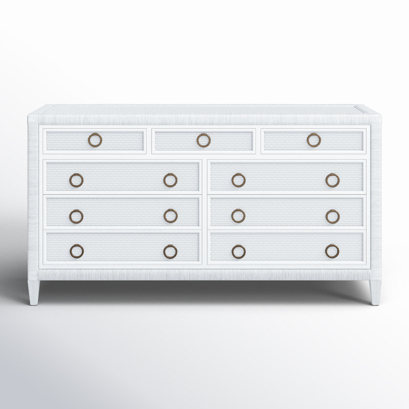 Warwick 9 Drawer Wicker Dresser, Frost White, Satin Brass