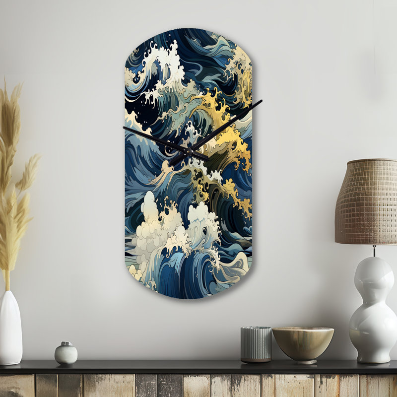 Motif de vagues japonaises Hokusai - horloge murale cylindrique côtière, Petit
