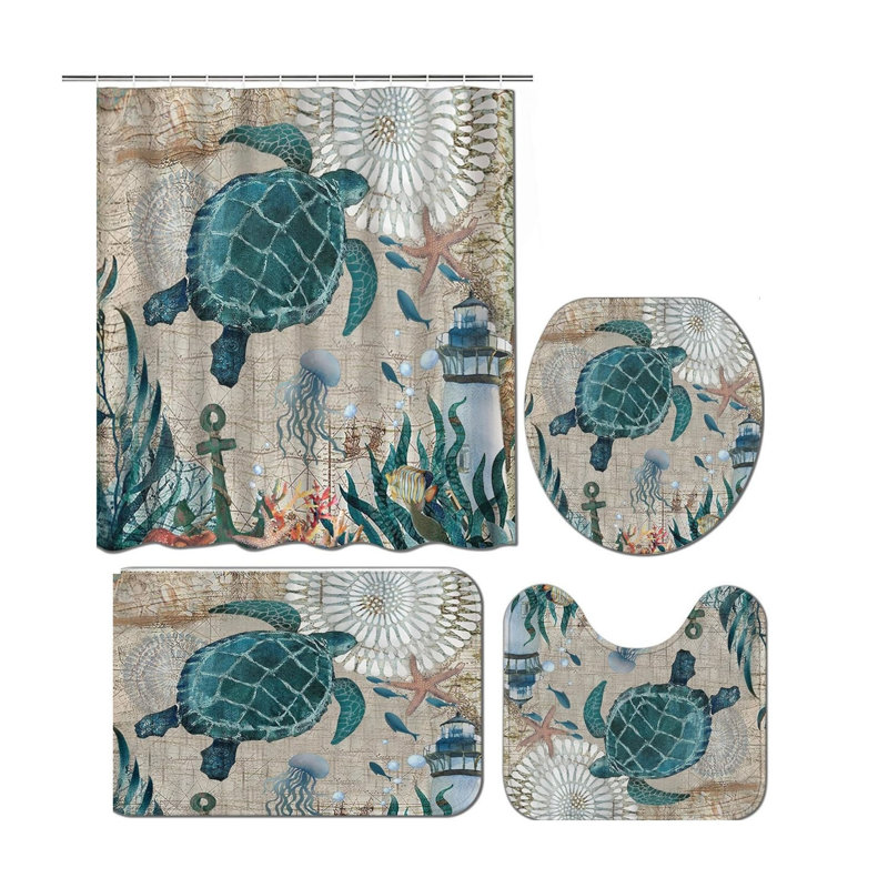 Ensemble de salle de bain 4 pièces avec tournesol papillon et tapis jaune, Teal