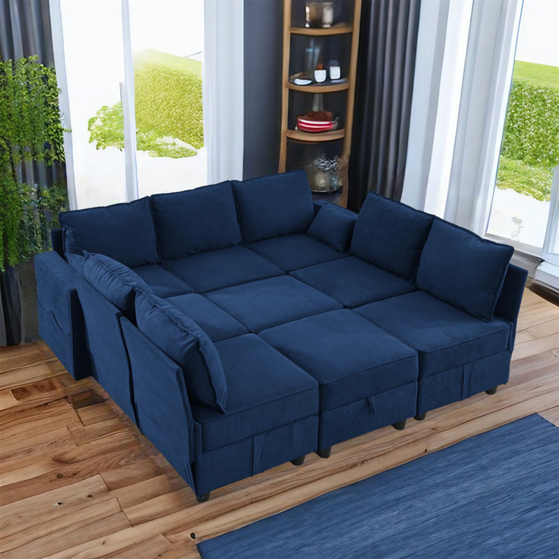 Canapé modulaire 9 pièces Ghulam, Velours côtelé bleu marine