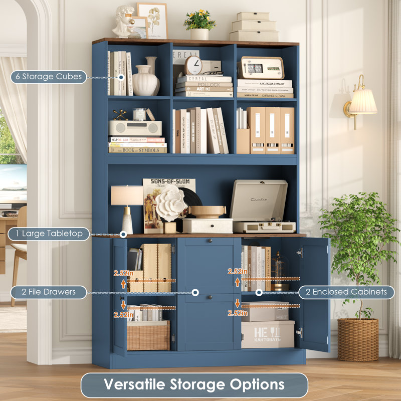 72"H Wood Storage Bookcase With File Drawers, Brown/Blue