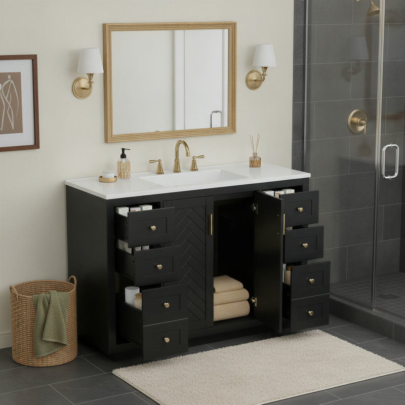 Meuble-lavabo de style campagnard de 48 pouces avec comptoir en MDF, armoire à 6 tiroirs et 2 portes, Noir