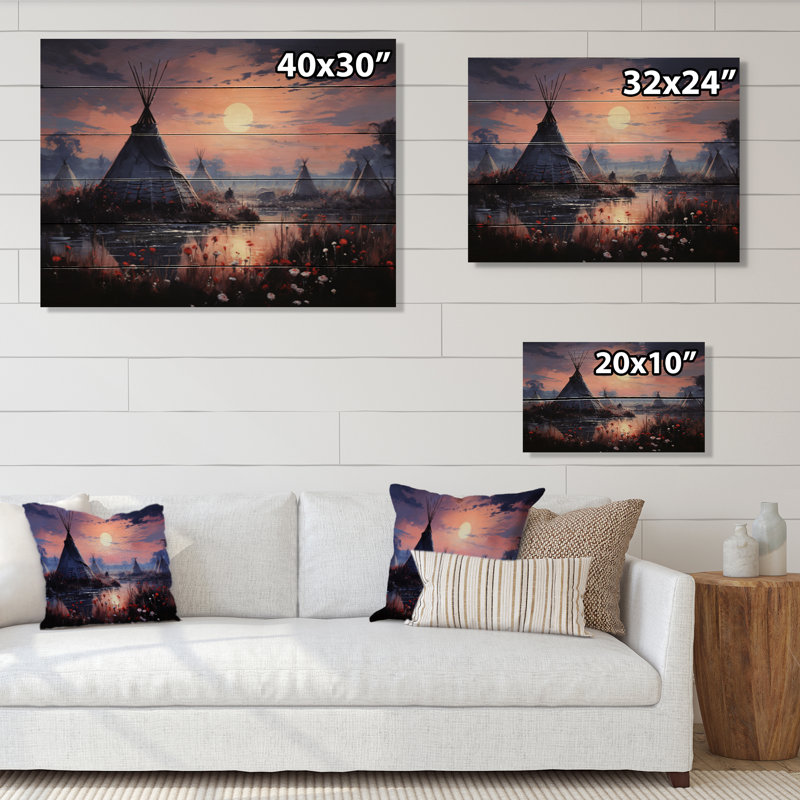 Tipi amérindien rassemblement mystique sur bois, H 30 po x l 40 po x P 0,78 po
