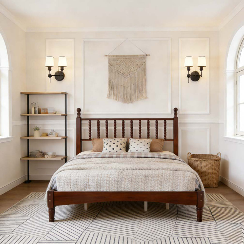 Queen Size Wood Platform Bed with Gourd Shaped Headboard,Retro Style Platform Bed with Wooden Slat Support, Walnut, Queen
