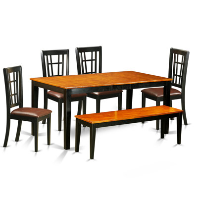 6 Piece Dinette Set Contains a Rectangle Dining Room Table with Butterfly Leaf and 4 Faux Leather Dining Chairs with a Bench, Black & Cherry