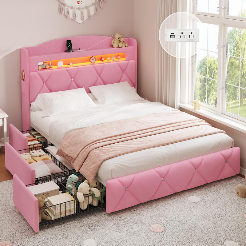 Full-Size Led Bed Frame With 3 Extra-Large Storage Drawers, Padded Storage Headboard With Power Outlet, Velvet Princess Castle Platform Bed, Sturdy Metal Frame, Pink