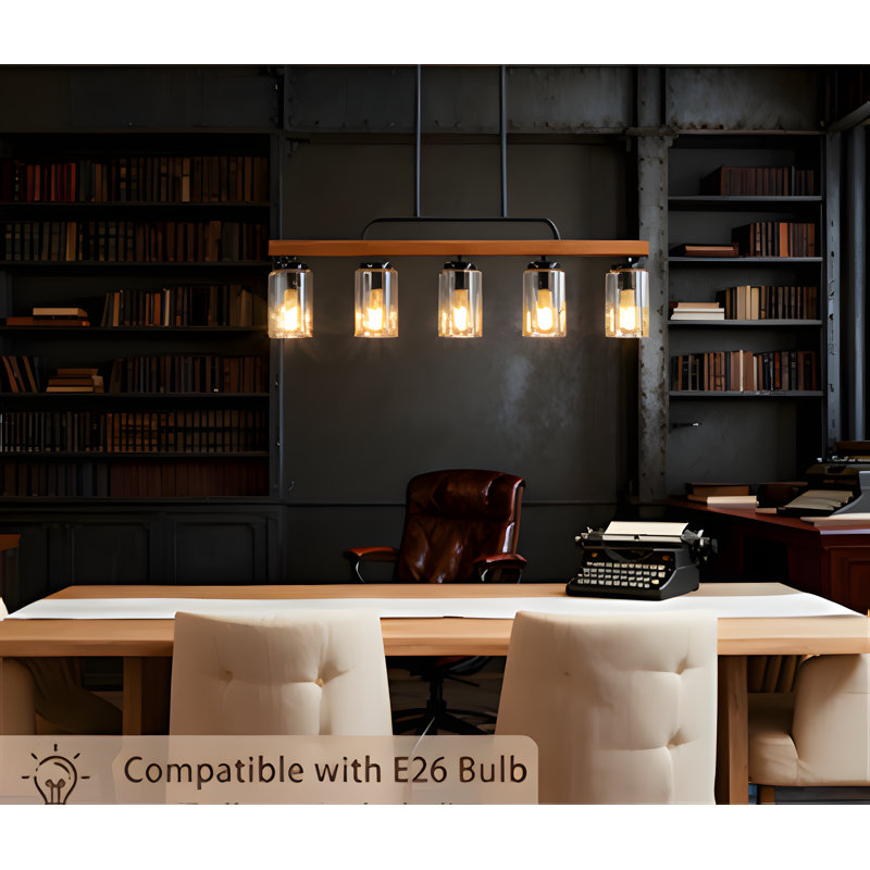 Luminaire suspendu en bois à 5 lumières avec abat-jour en verre bullé Farmhouse Chandelier