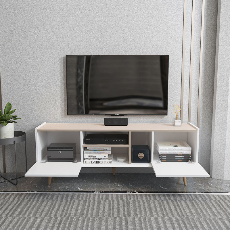 Meuble télé moderne avec 2 tablettes Bruce, blanc et beige, 60,8 x 22,3 x 12,3 pouces | 100% panneau de particules enduit de mélamine, épaisseur: 0,7 pouce | Conception scandinave pour un salon élégant et des espaces de divertissement