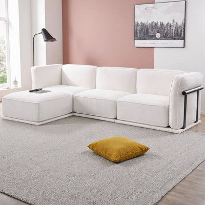 Canapé modulaire modulaire en L en chenille avec module d'angle et repose-pieds carrés, canapé modulaire moderne à 4 places avec accoudoirs en bois / métal, revêtement texturé et coussins en mousse souple